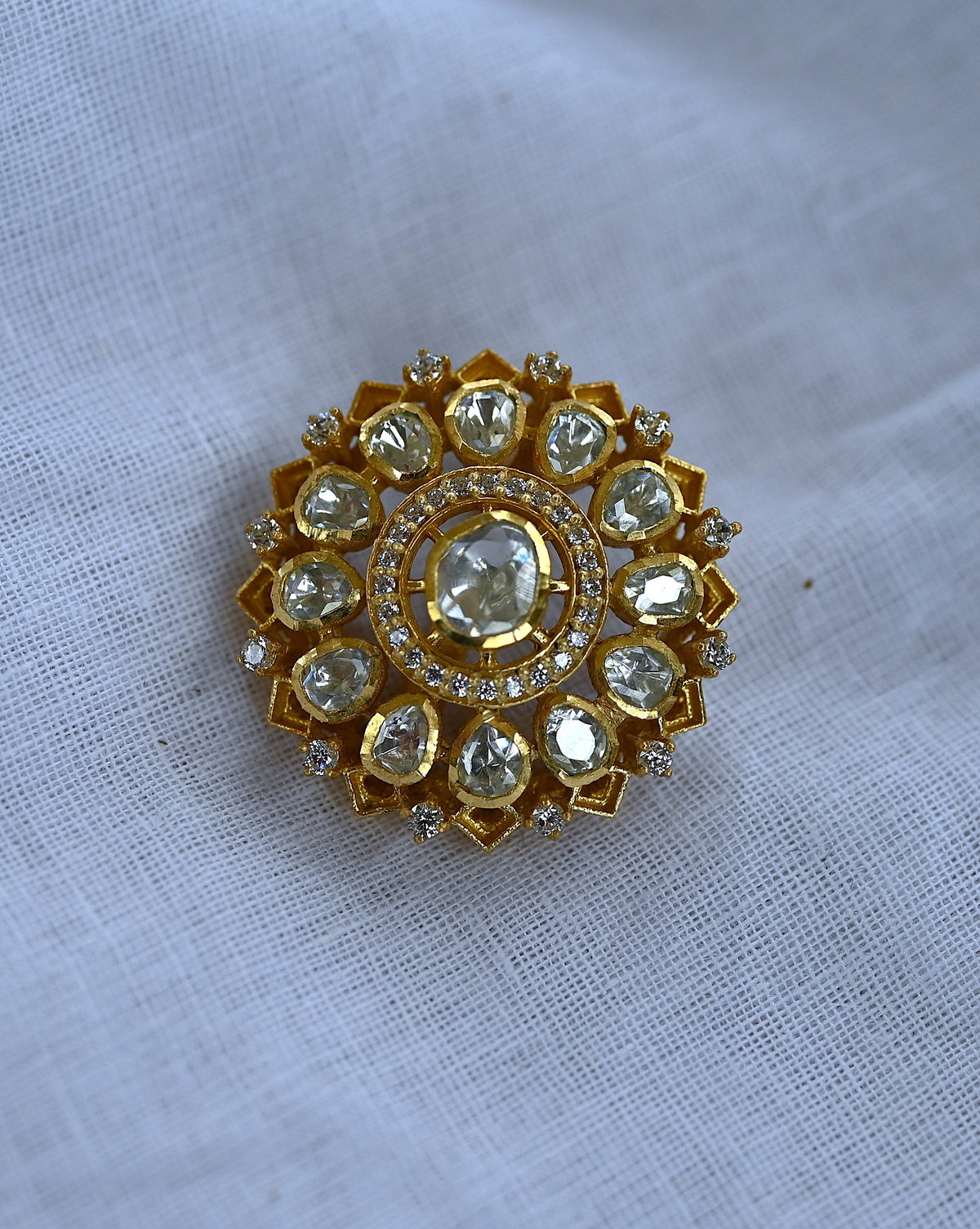 925 Silver Moissanite Polki Circular Floral Pendant Set