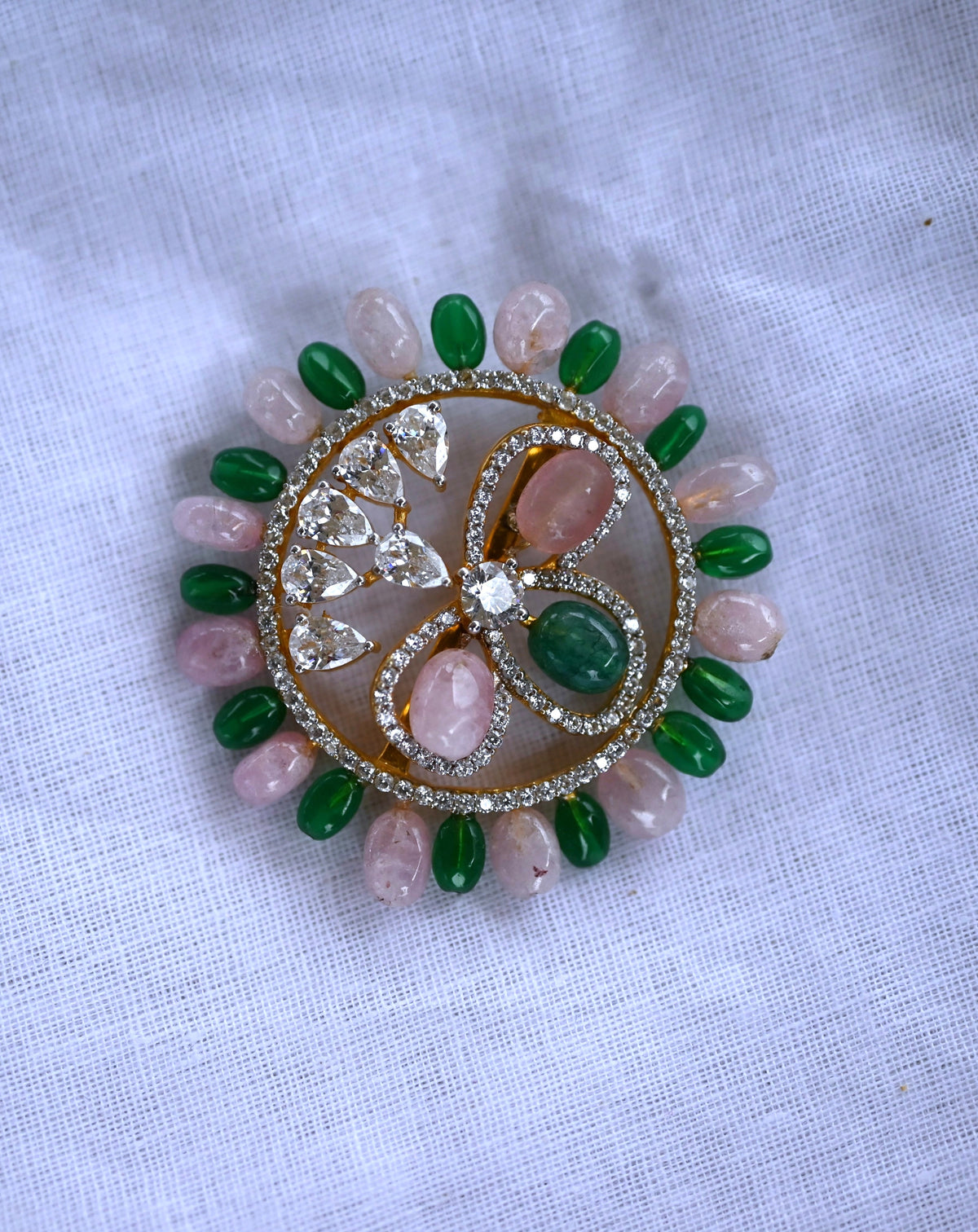 Floral Ribbon Loop CZ Pendant with Pink Quartz & Emerald Bead Halo