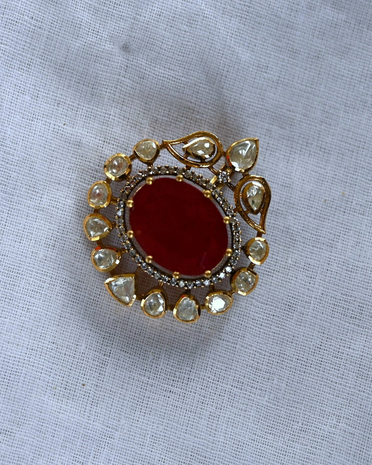 Victorian Oval Ruby Moissanite Polki Statement Pendant