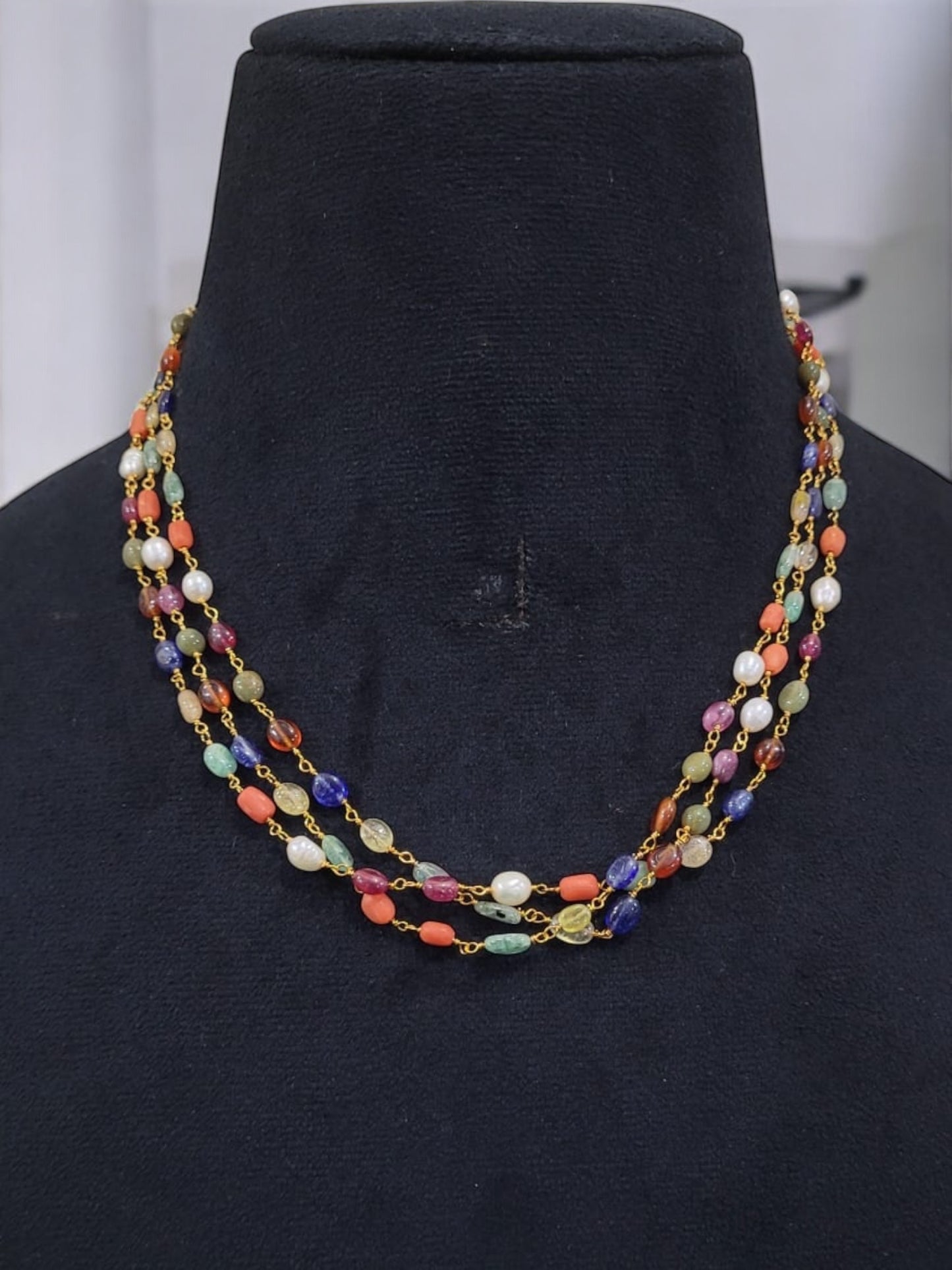 Tricolor Beaded Necklace with Silver Chain