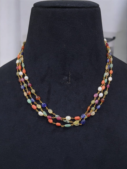 Tricolor Beaded Necklace with Silver Chain