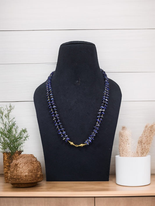 “Handcrafted Lapis Lazuli Bead Necklace with Gold-Tone Clasp”