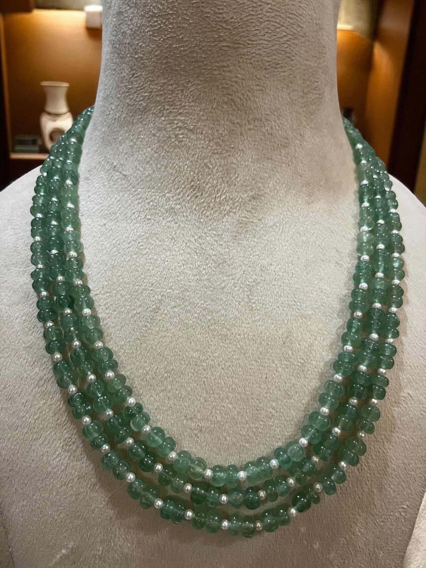 Green beads and pearl multi-strand necklace
