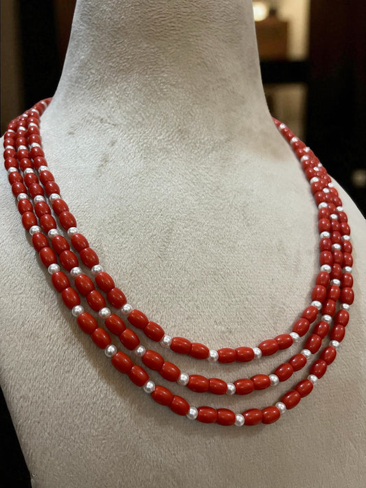 Red Coral and Pearl Beaded Necklace