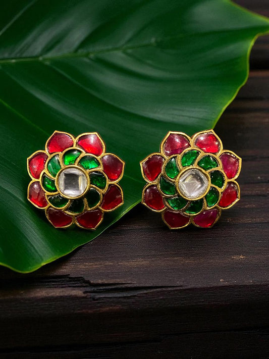 925 Silver Red & Green Lotus Kundan Studs