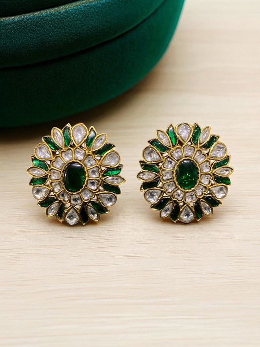 Rajwada Green-White Lotus Kundan Studs