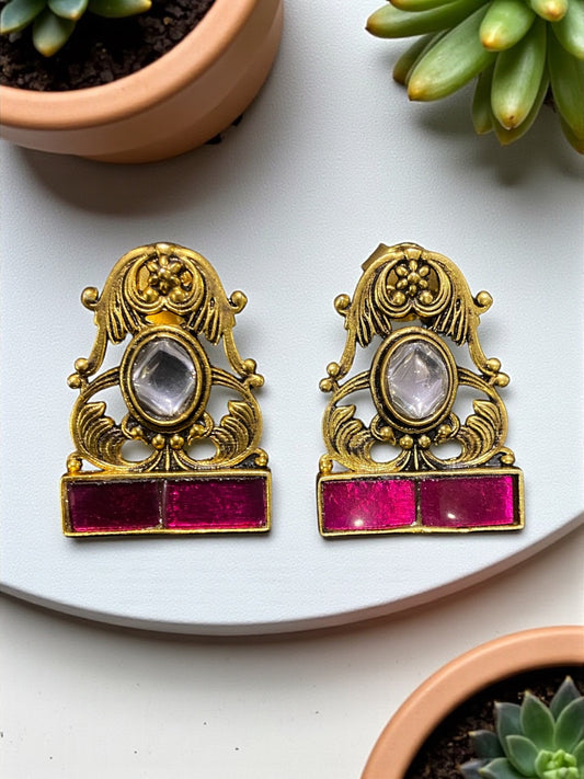 Traditional Ruby Pink Polki Kundan Earrings