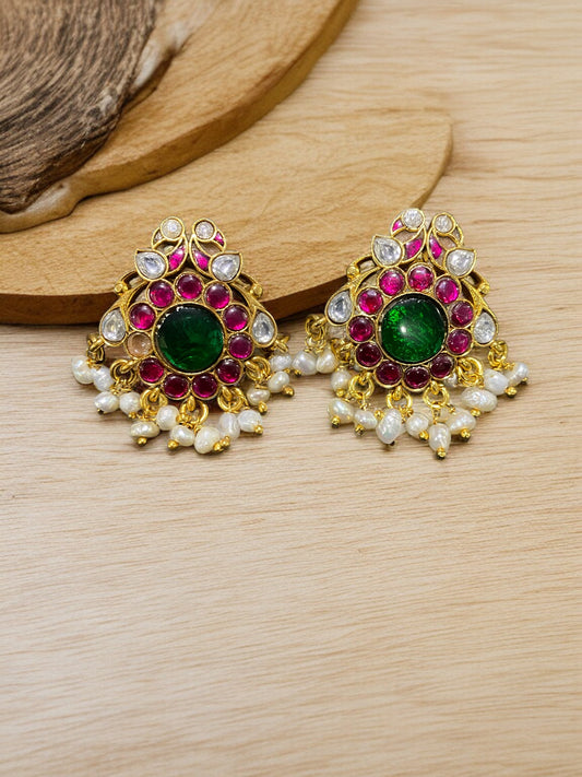 925 Silver Kundan Earrings with Pearl Drops.