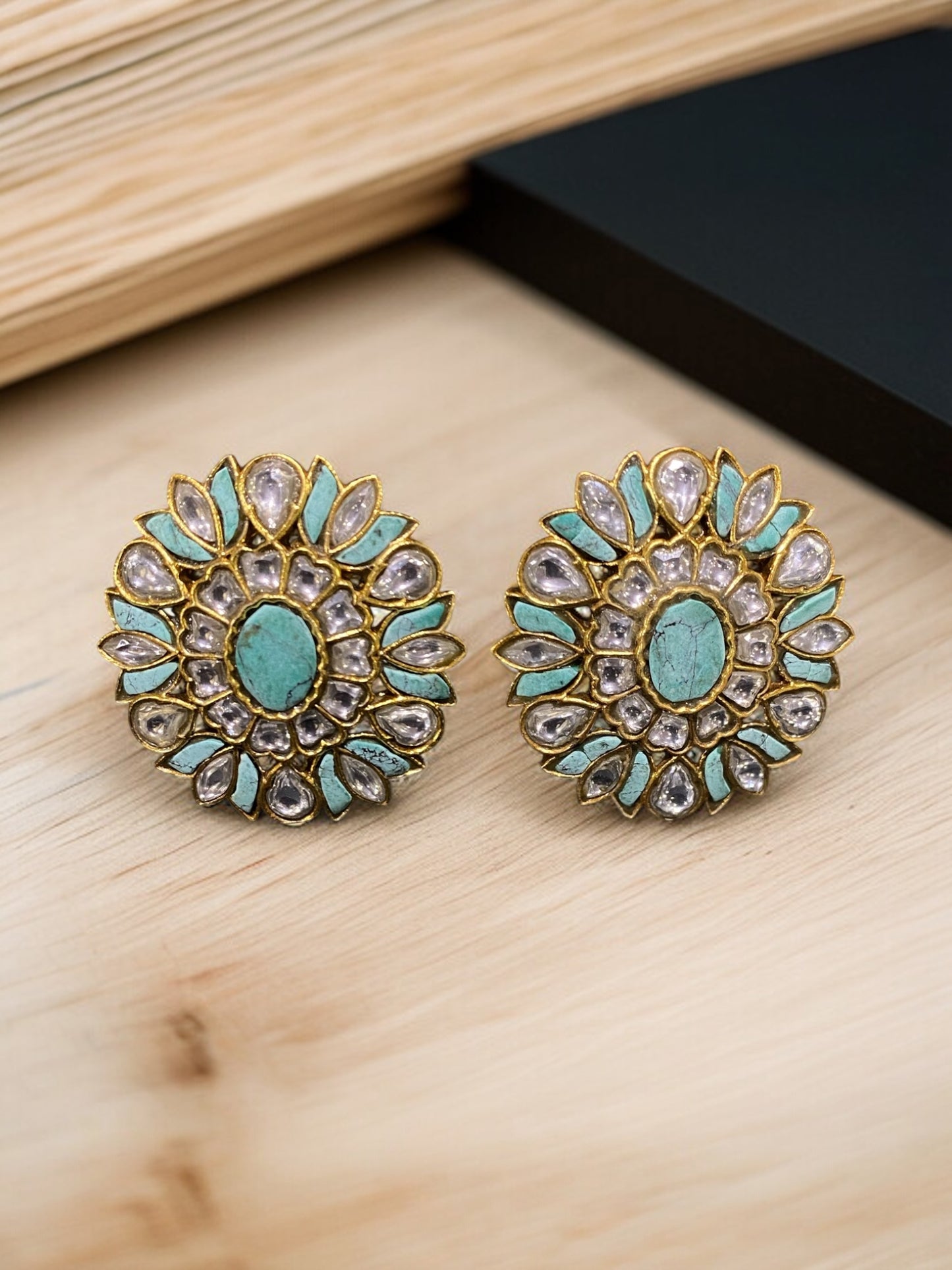 Silver Kundan Earrings with Turquoise Stones