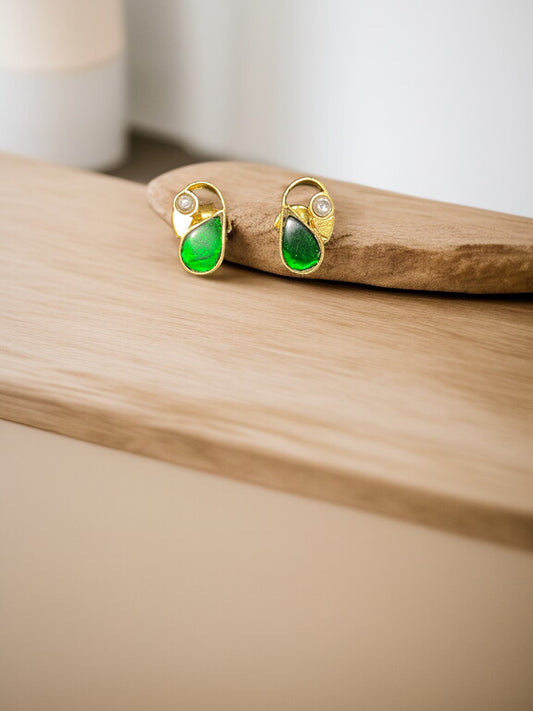 Green Kundan 925 Silver Stud Earrings