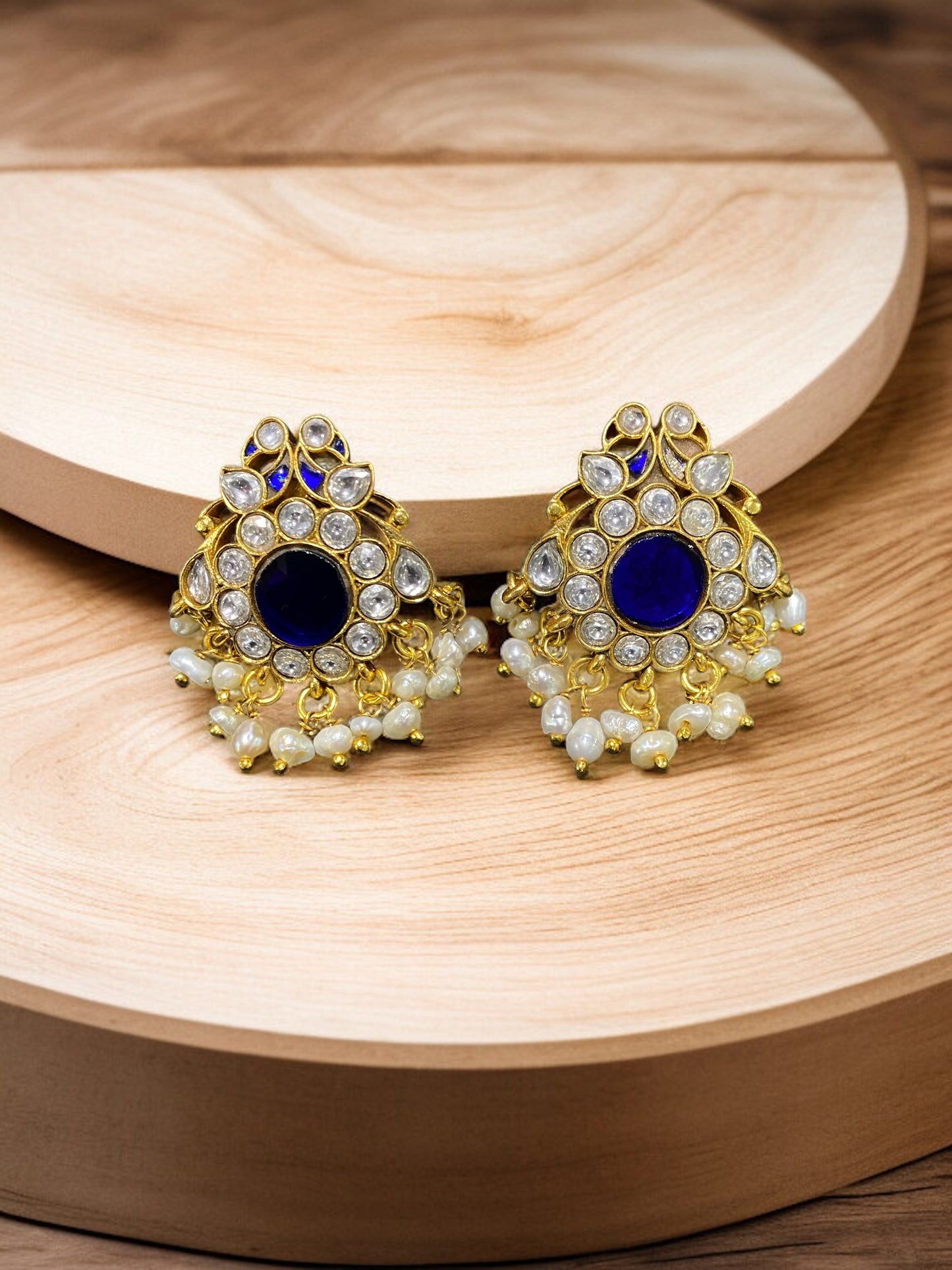 925 Silver Kundan Earrings with Blue Sapphire and Pearls
