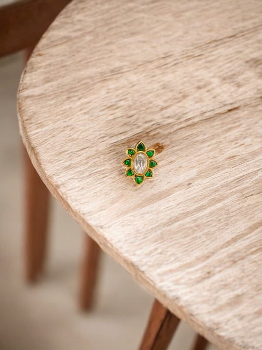 Emerald Lotus Kundan Nose Ring
