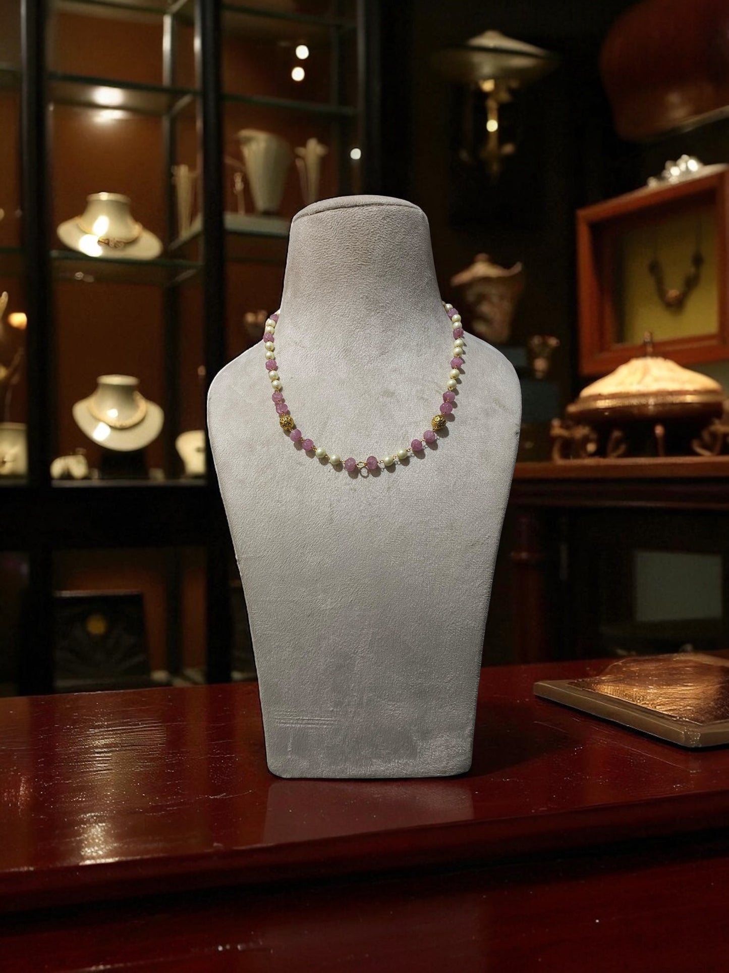 Pearl and Ruby Zoisite Beaded Necklace