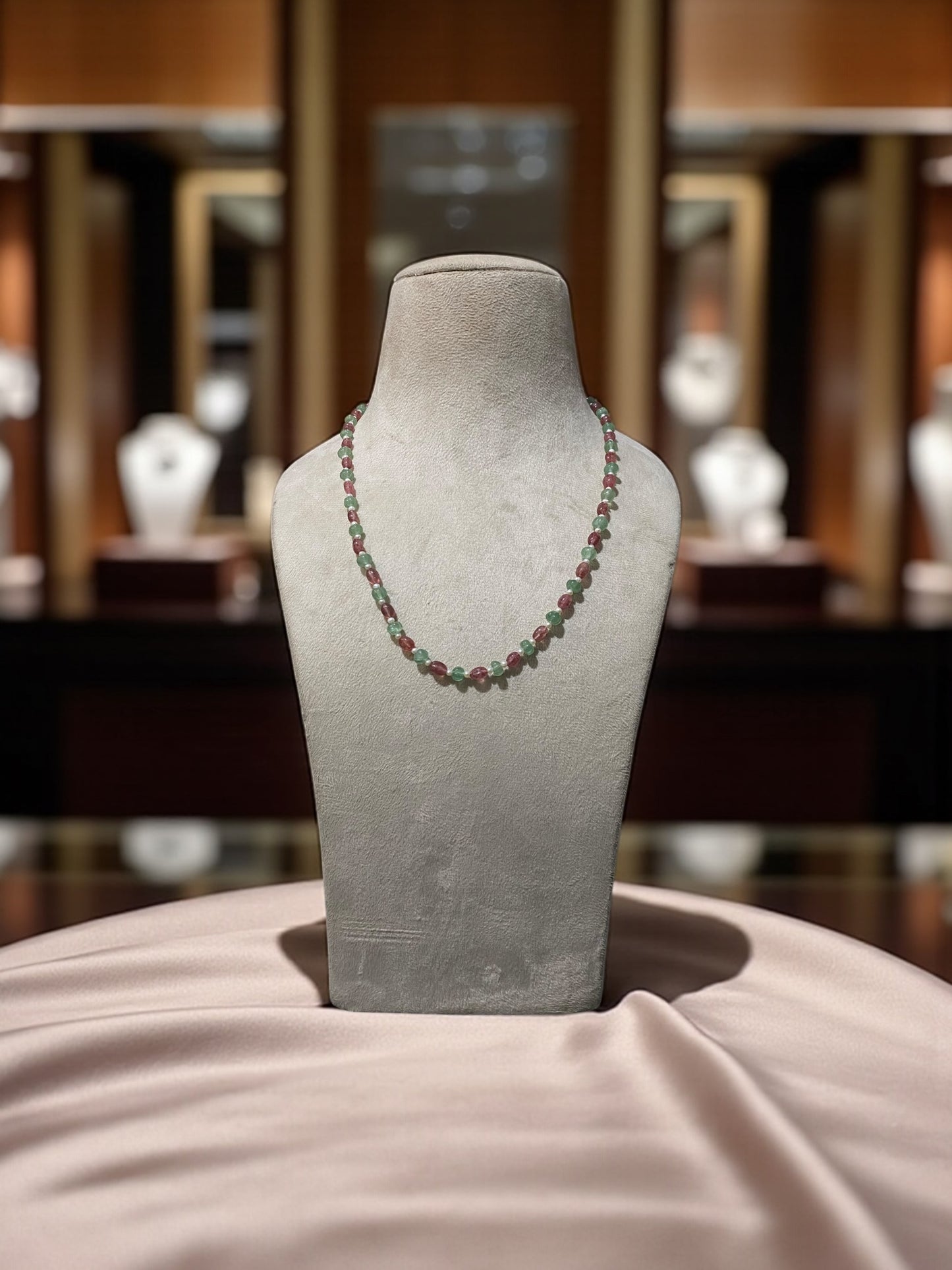 Pink Tourmaline and Emerald Beaded Necklace