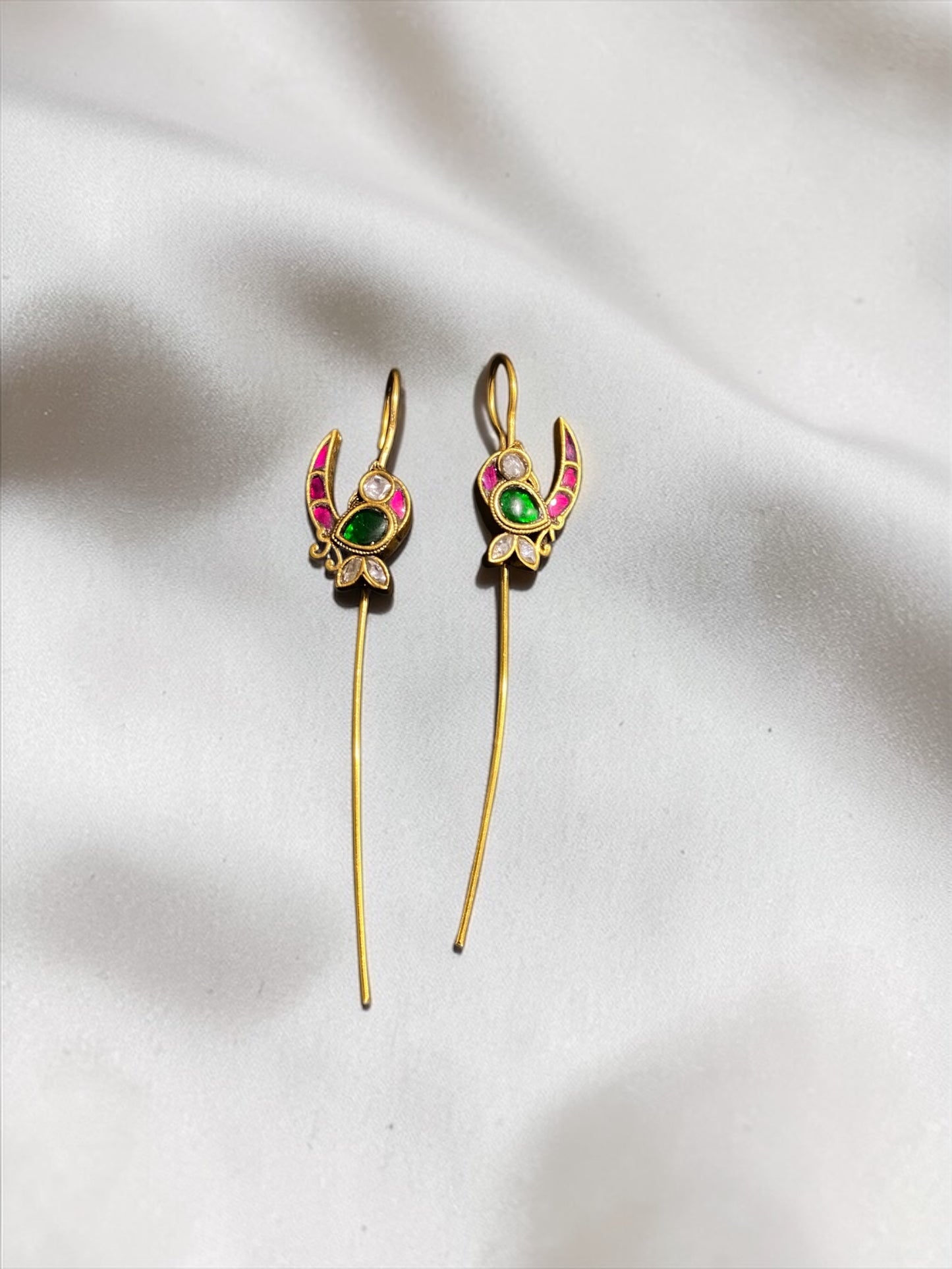 Emerald Pink Crescent Kundan 925 Silver Earcuff