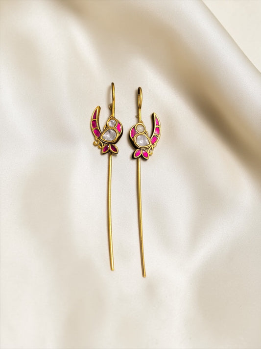 Pink Meenakari Bird Needle Ear Cuffs