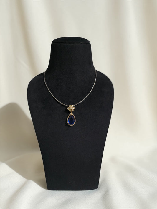 Blue Pear-Cut Moissanite Floral Drop Pendant