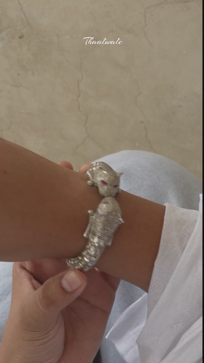 "925 Silver Diamond Panther Bangle with Ruby Eyes"